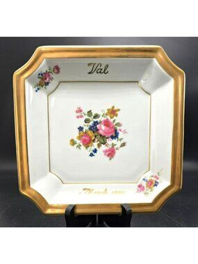Personalized Vintage Porcelain Plate With Gold Trim & Floral Design 1980 VL5007